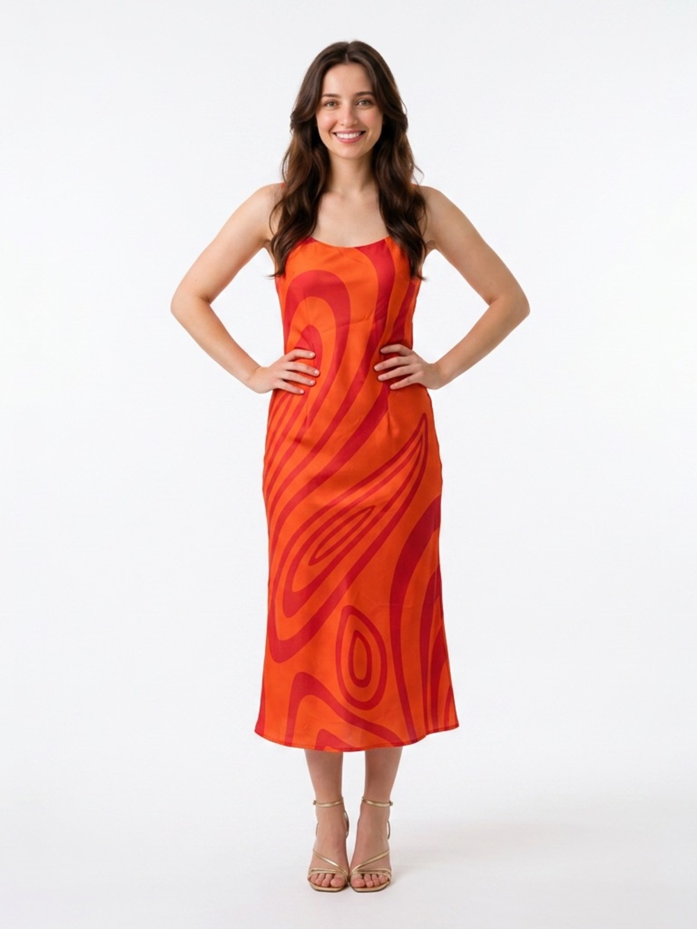 Orange Red Swirl Midi Slip Dress
